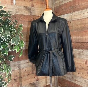 Vintage Black Lambskin Leather Belted Jacket Zip Front Women’s Size Medium 8-10